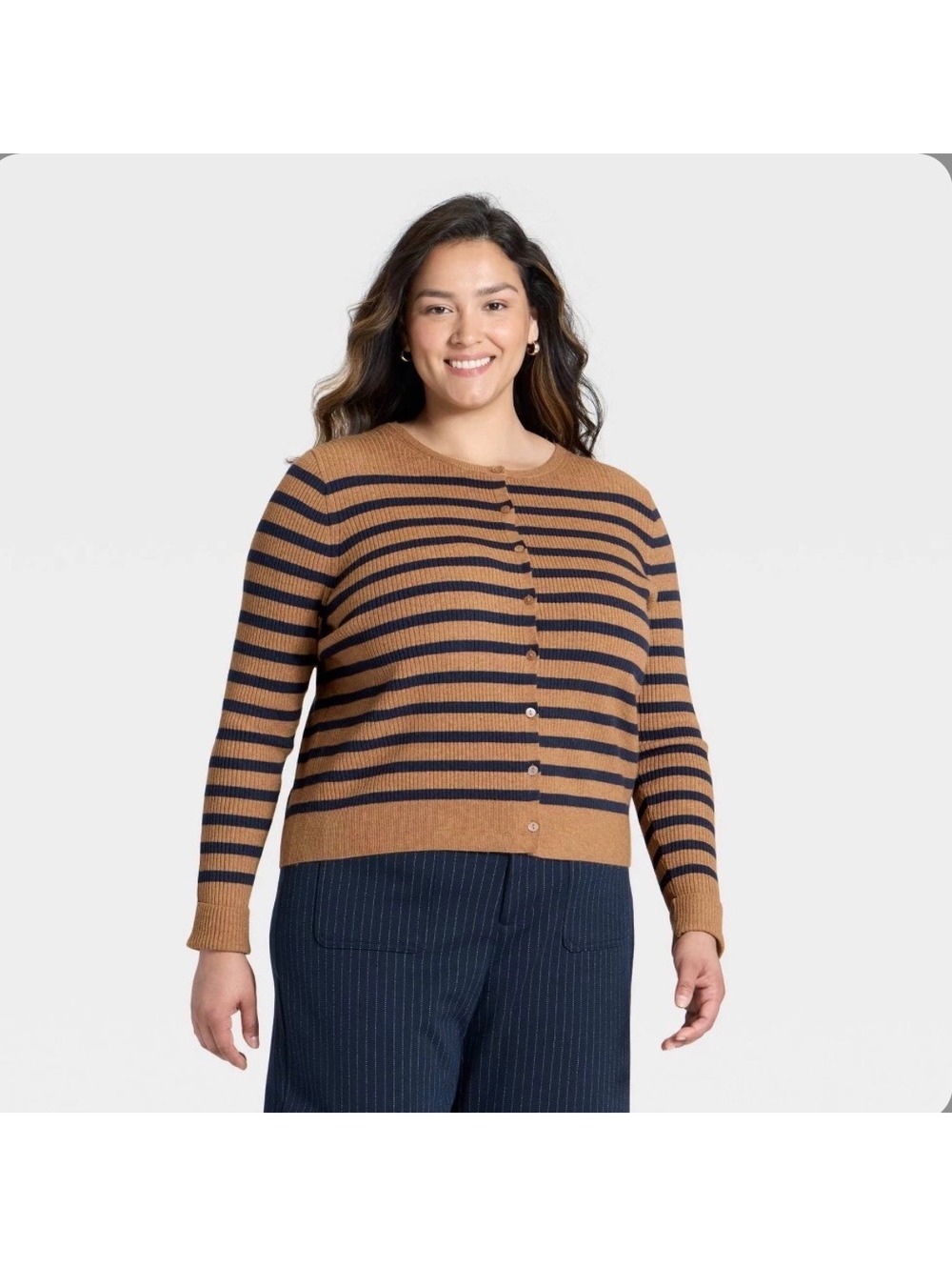 Women's Ribbed Cuff Cardigan Sweater A New Day Brown/Navy Striped 2X NWT $35